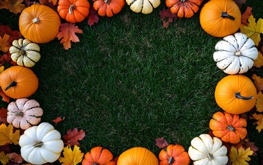 Autumn Pumpkins Frame on Green Grass Background