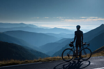 Cyclist standing beside a road bike overlooking vast mountainscape, helmet in hand, shadows long from early morning light