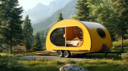 Yellow Camper Van in Mountain Forest Setting