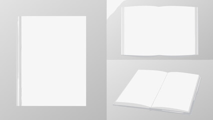 Minimalist Hardcover Book Mockup Vector Featuring Front, Open, and Angled Spine Views on a Clean Background