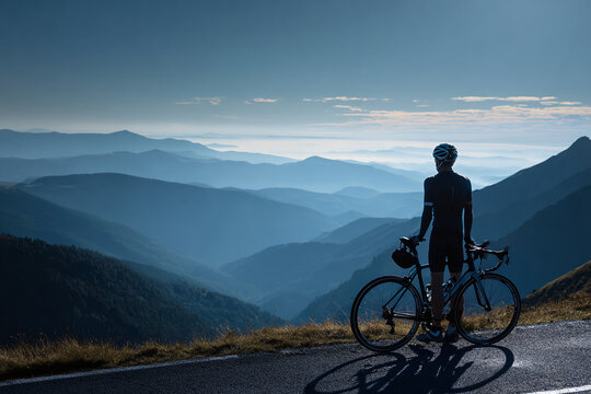 Cyclist standing beside a road bike overlooking vast mountainscape, helmet in hand, shadows long from early morning light - Powered by Adobe