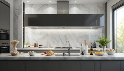 Modern kitchen countertop with top kitchen products displayed, natural light coming through large window, subtle food items arranged, soft texture background, clean and stylish design
