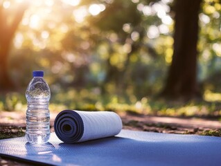 Yoga Mat and Water Bottle in a Sunny Park Setting
