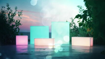 Two mint-green, three pink-white blocks pulsing light on reflective platform at dusk, with bokeh - Powered by Adobe