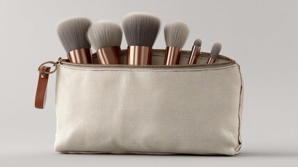 Makeup brushes in a bag against a clean backdrop; cosmetics product shot for beauty blog
