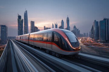 Naklejka premium Futuristic monorail train gliding over urban skyline at dusk, long exposure capturing motion blur