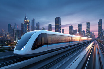 Naklejka premium Futuristic monorail train gliding over urban skyline at dusk, long exposure capturing motion blur