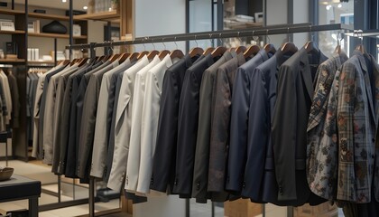 Display of men’s formal jackets and coats on hangers, boutique-style store setting, soft lighting and modern interior
