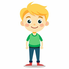 Obraz premium happy blond boy, blonde hair boy, smiling boy, joyful child, cheerful boy, full body boy, full-length boy, standing boy, cartoon boy, child character, blonde kid, white background, flat design, blond 