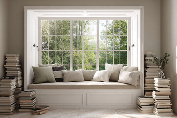 Interior of Scandinavian-style reading nook with built-in bench and large window, soft cushions and stacked books