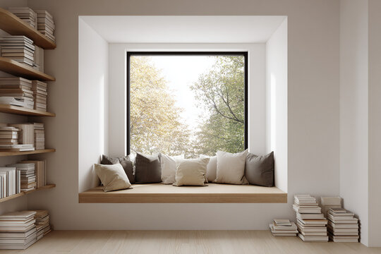 Interior of Scandinavian-style reading nook with built-in bench and large window, soft cushions and stacked books