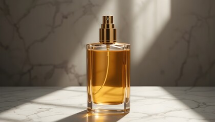 High-end transparent glass perfume bottle with liquid gold tint, gold metallic sprayer, placed on marble surface, soft shadows, premium look
