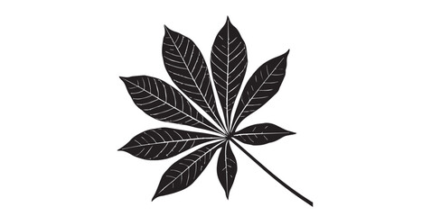 Detailed black and white cassava leaf silhouette with intricate vein patterns