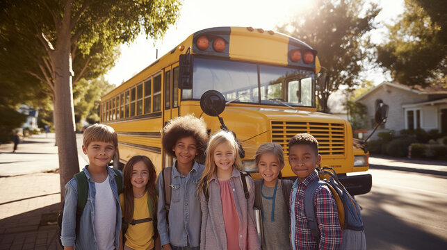 Smiling schoolchildren standing in front of yellow school bus