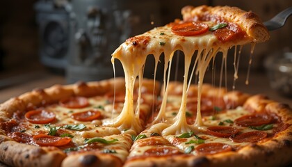 
Melted cheese stretching from hot pizza slice being lifted, pepperoni and herbs, rustic background, warm lighting