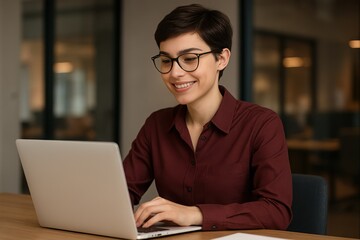 Fototapeta premium Smiling woman with glasses typing on laptop in bright home office