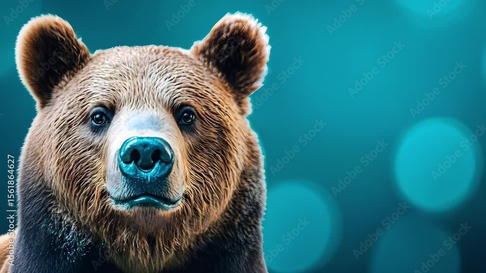 Poster a close-up of a bear's face with a soft blue bokeh background, emphasizing its features and expressi