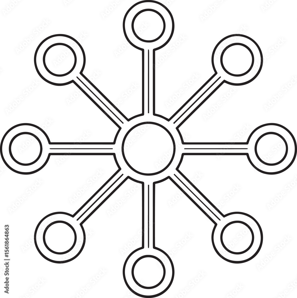 Poster minimal centralized data network icon circular node diagram vector, radial tech symbols, minimal hub
