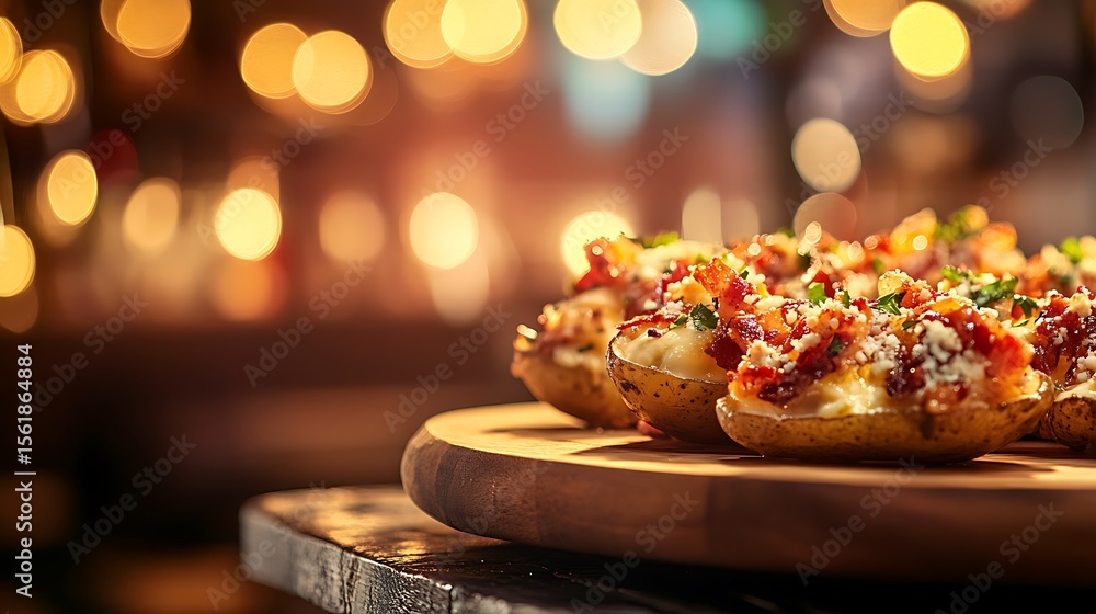 Poster tasty loaded potato skins with cheese and bacon on right with smooth background ideal for text or la