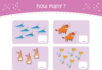 Count and match activity page for kids with cute wild animals. Elementary math for preschool and kindergarten. Vector illustration