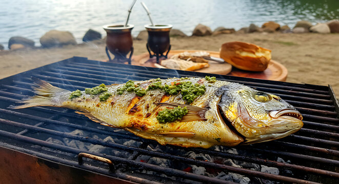 Argentine Grilled Fish. whole dorado sizzling on rustic parrilla grill, crispy skin with chimichurri drizzle 