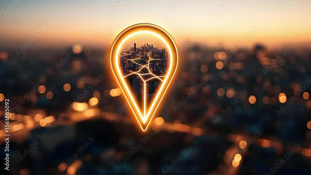 Poster a glowing location pin symbol over a blurred cityscape at sunset, representing navigation or mapping
