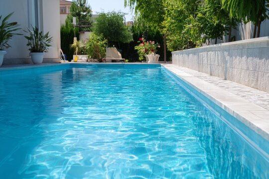 Bright blue pool surrounded by vibrant plants and flowers