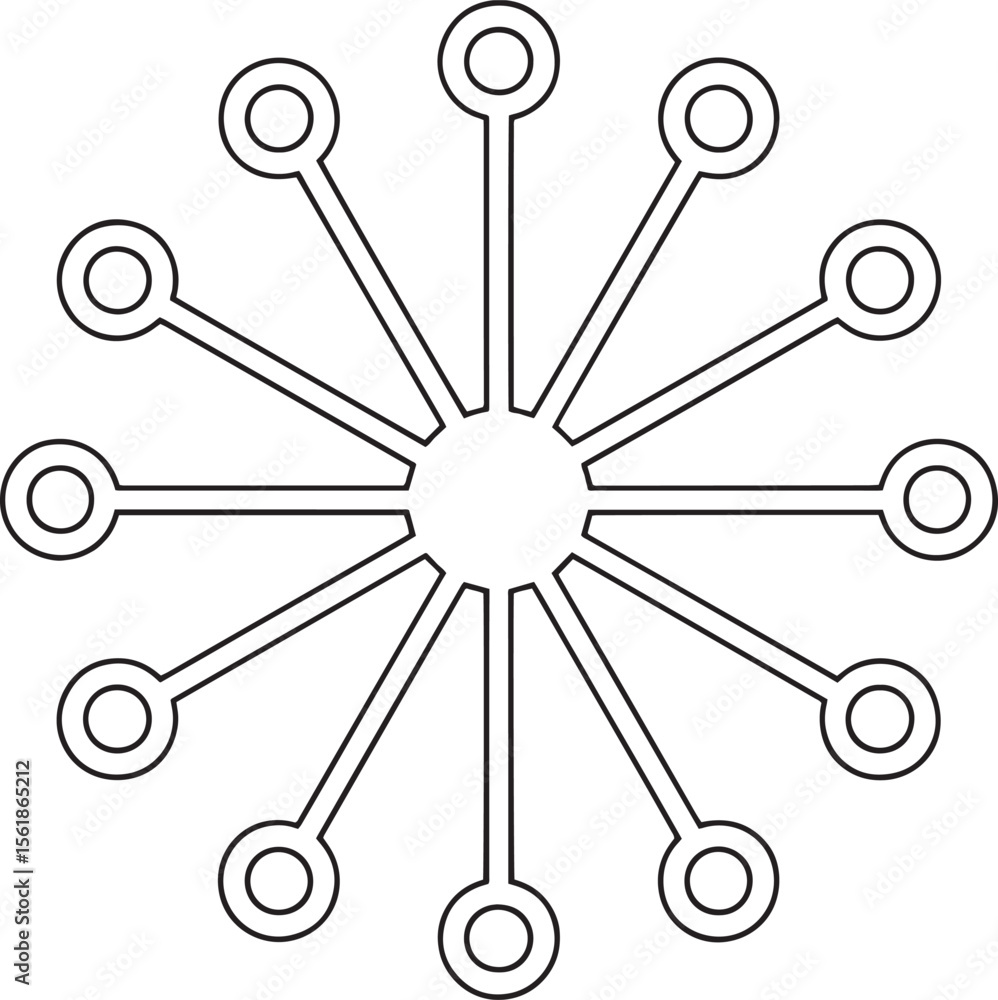 Poster minimal centralized data network icon circular node diagram vector, radial tech symbols, minimal hub