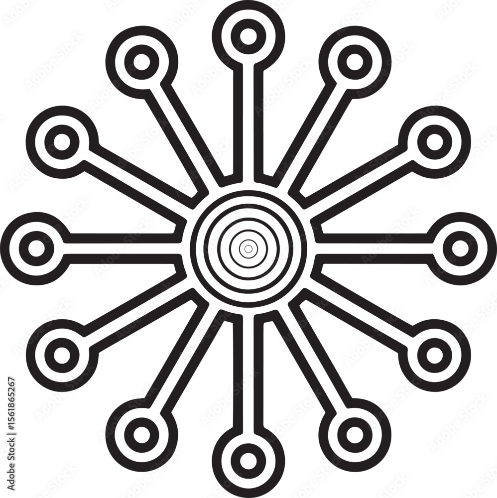 Poster minimal centralized data network icon circular node diagram vector, radial tech symbols, minimal hub