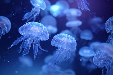 Lush aquarium scene with floating jellyfish under glowing ambient blue light