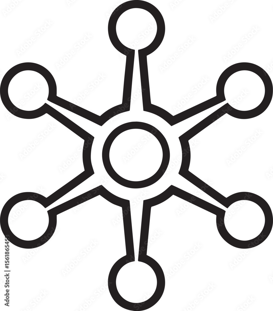 Poster minimal centralized data network icon circular node diagram vector, radial tech symbols, minimal hub