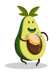 Cheerful avocado character street performers play the tambourine prepare for a carnival concert. Cartoon vector isolated on white background