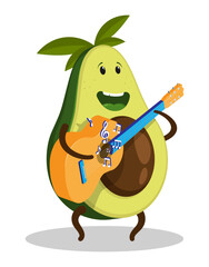 Cheerful avocado character musician guitarist plays and sings on the guitar. Impromptu street concert. Cartoon vector isolated on white background