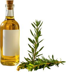 create a serene still life of an olive oil bottle and a rosemary sprig, with the goldenrod hues of technology radiating brightness from depth focus