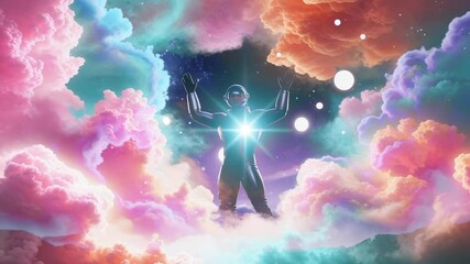 Shifting weight astronaut lifting arms on rocky plain, parting nebula and revealing glowing spheres - Powered by Adobe