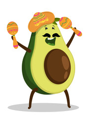 Cheerful avocado character temperamental Mexican with a lush black moustache and a sombrero hat plays music on noisy maracas. Cartoon vector isolated on white background