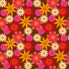 Seamless Retro Floral Pattern with Bright Colorful Flowers on Brown Background