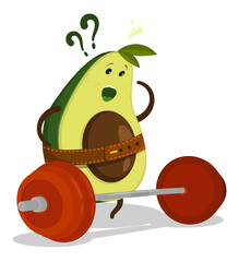 Surprised frustrated avocado athlete weightlifter character confused standing in front of a heavy barbell in the gym. Cartoon vector isolated on white background