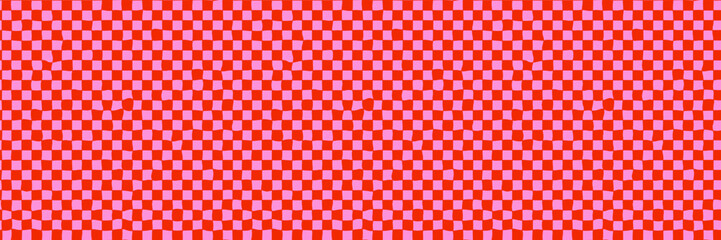 Fototapeta premium Distorted checker pattern seamless background in red and pink with rough squares for retro abstract grid look. Playful vibe for fabric, wrapping paper, prints. Drag to swatches panel to use