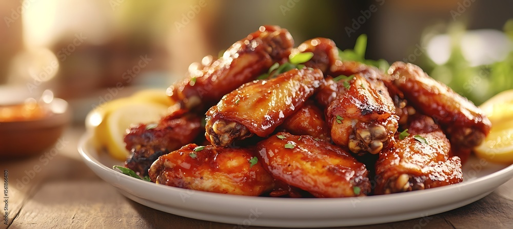 Poster flavorful chicken wings arranged on the right with a tasteful defocused background designed to suppo