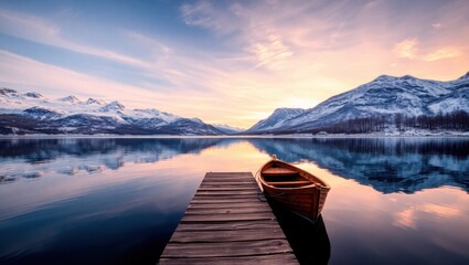 A serene landscape features a wooden boat docked at a pier on a calm lake surrounded by snow-capped mountains under a soft, colorful sunset, evoking peaceful feelings.