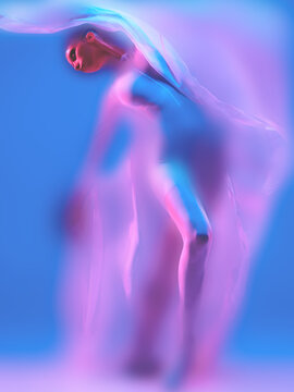 Fototapeta Faded fluid female dancer enveloped in misty fabric, soft pink and blue tones. Ephemeral beauty of motion and body through a surreal lens. Concept of fine art prints and cultural exhibition visuals