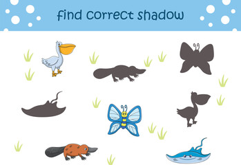 Funny cartoon wild life. Find the correct shadow. Kids Education games. Cartoon vector illustration