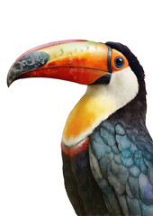 Fototapeta premium Vibrant portrait of a keel-billed toucan displaying vivid plumage against a dark backdrop