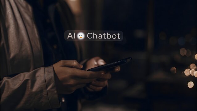 AI chatbot virtual assistant technology concept. Person using smartphone chat with AI chatbot that has dialogue bubbles, representing artificial intelligence, help, smart customer service technology,
