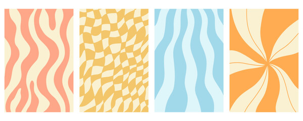 Distorted wavy retro patterns background set