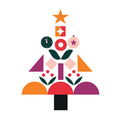 Christmas geometric pine tree of abstract bauhaus pattern, vector holiday banner. Christmas ornament of simple shapes with circle baubles mosaic and green geometric branches for web, mobile, post card