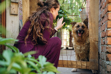 Animal shelter, behind the door. Woman is with cute dog outdoors