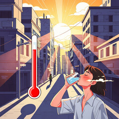 A person suffering from the heat during heatwave drinks a glass of water, a thermometer shows extreme temperatures in red and intense sunlight beating down, urban heat island with a pedestrian walking