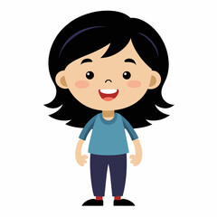 Obraz premium happy girl, black hair girl, smiling girl, joyful child, cheerful girl, full body girl, full-length girl, standing girl, cartoon girl, child character, black hair kid, white background, flat design, g